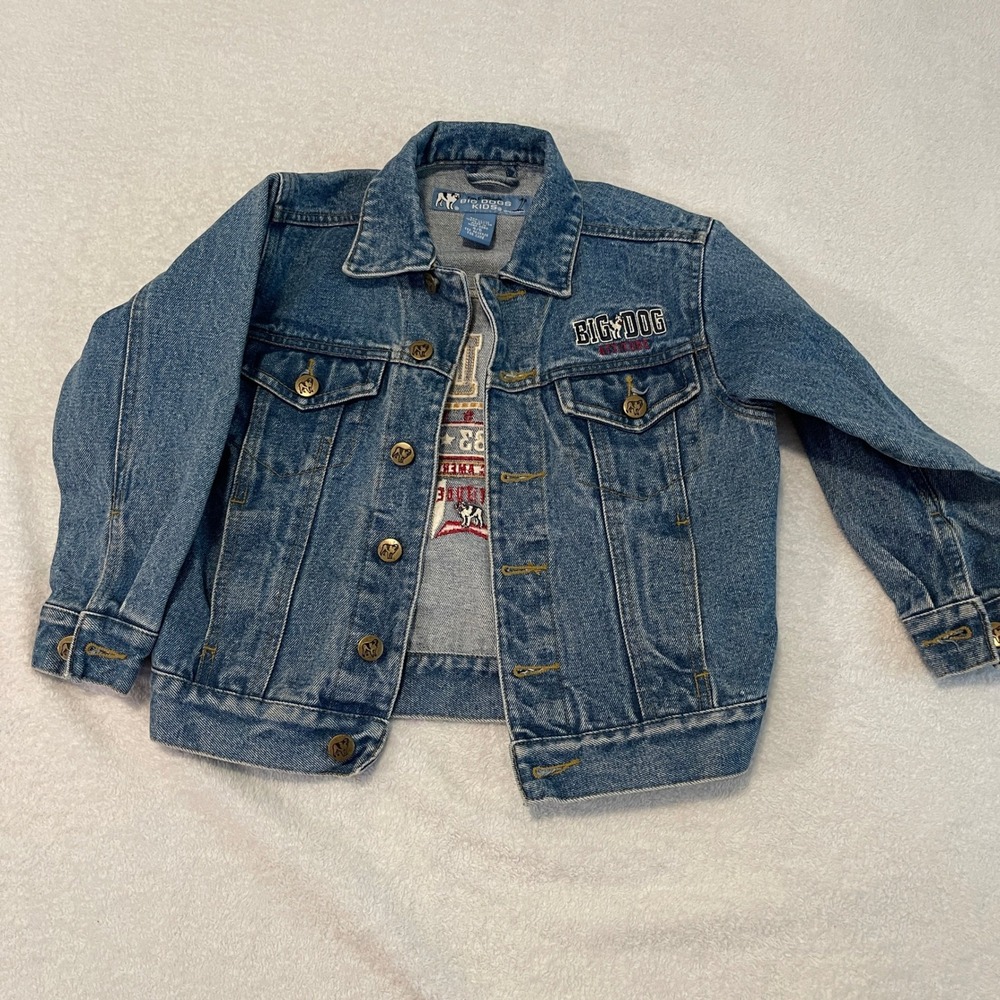 Vintage Big Dog Kids Denim Jacket Blue Embroidered Sportswear Size 4/5 90s